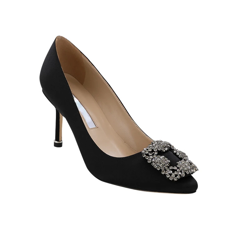 2022 New Shallow Mouth High Heels Female Pointed Square Buckle Rhinestone Stiletto Spring and Autumn Single Shoes Wedding Shoes