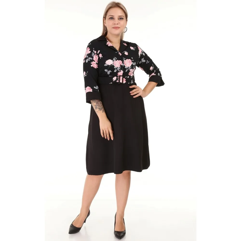 

Dorlie Women Large Size Kemerli Three Quarter Sleeve Office Dress Black 1630