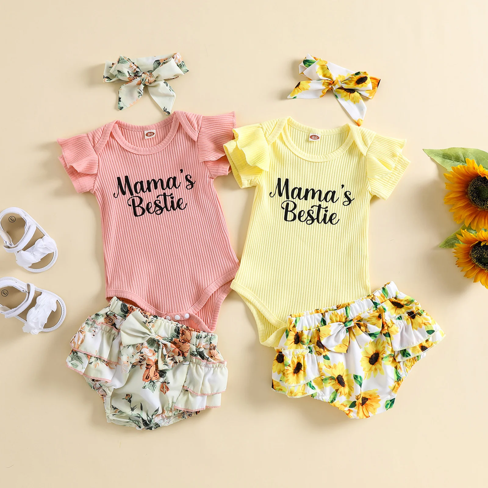 

Newborn Baby Girl Three-piece Outfits Short Sleeve Ribbed Letter Print O-neck Romper + Floral Print Short Pants + Hairband
