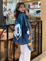 cartoon printed long sleeved denim jacket womens spring autumn loose korean style large size casual all matching jeans jacket
