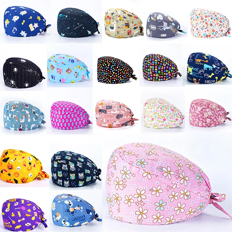 

Breathable Cartoon Printing Adjustable Women Cap Sweatband Surgery Hat Men Nurse Hair Cap Uniform Accessories Scrubs Cap