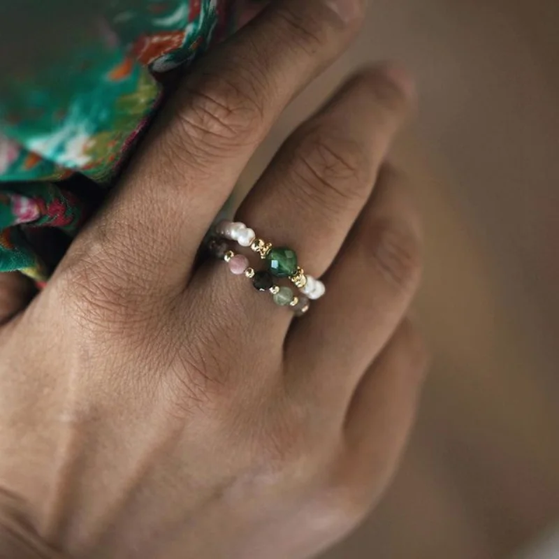 

Ins New Green Natural Stone Rings for Women Freshwater Pearl Bohemia Fashion Jewelry Resizable Rings Wedding Party Birthday Gift