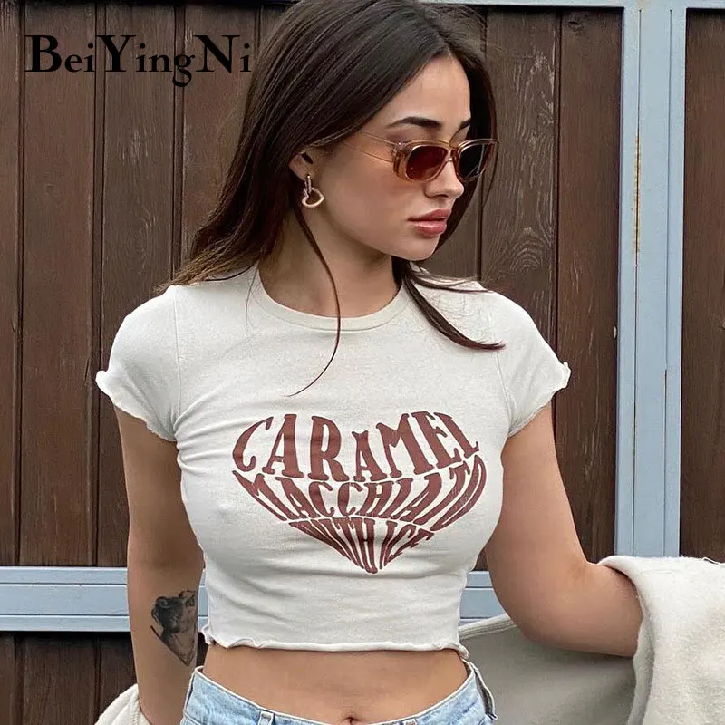 

Beiyingni 2022 Heart Letter Printed Womens T-shirt O-neck Short Sleeve Black Femme Crop Tops Slim Fashion Sexy Streetwear Summer