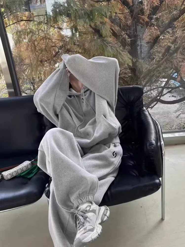 Серый спортивный комплект Женский весенне-осенний СВОБОДНЫЙ Модный свитшот с