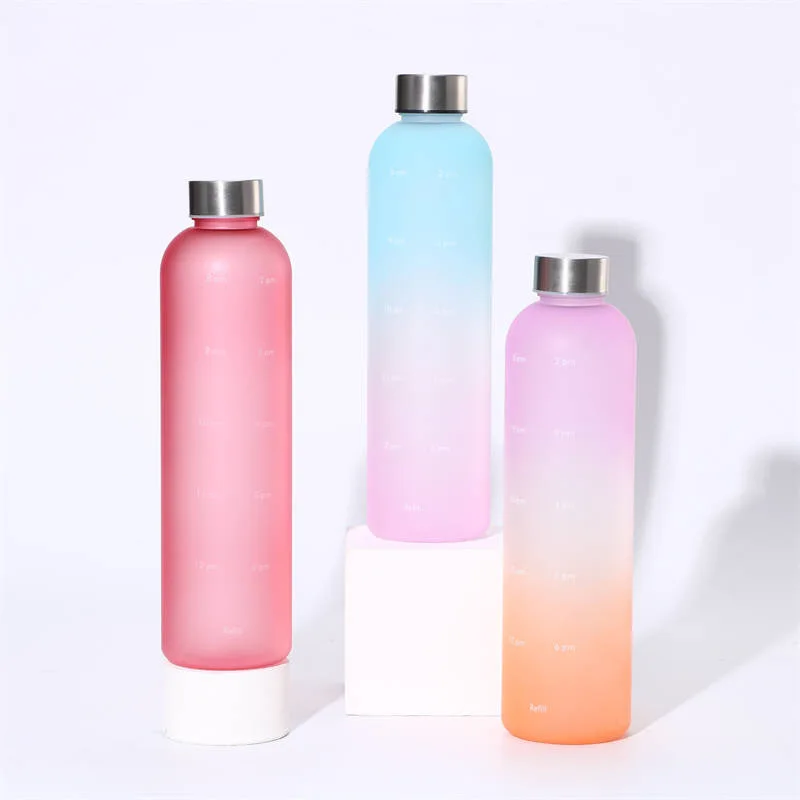 

1000ml Gradient Water Bottle Portable Fitness Sports Water Bottle Candy Color Frosted Plastic Small Mouth Bottle with Time Mark