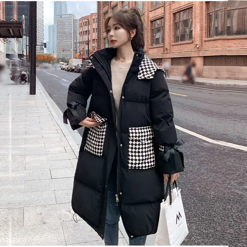 Winter Women Hooded Parkas Long Jackets Casual Thick Warm Windproof Coat Female Outwear Long Streetwear Zipper Plaid Pockets S76