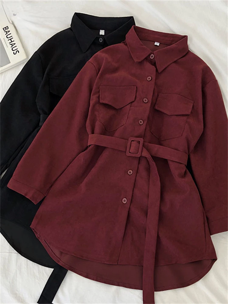 

Женское вельветовое мини-платье с длинным рукавом и отложным воротником