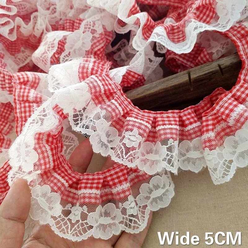 

5CM Wide New Red White Plaid Pleated Lace 3d Flowers Embroidered Ribbon Ruffle Trim DIY Clothing Hair Accessories Home Sewing