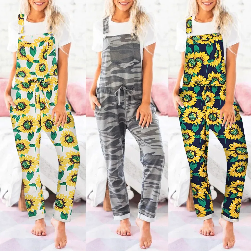 

Womens Sunflower/Camo Long Pajamas Set Pocket Overalls Jumpsuit Prom Jumpsuits