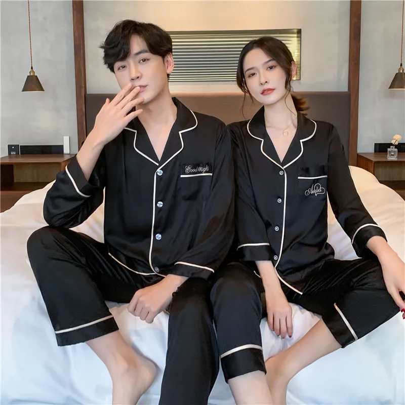 CAIYIER 2022 Luxury Silk Couple Pajamas Set Embroidery Cardigan Lover Nightwear Soft Sexy Family Men & Women Winter Homewear