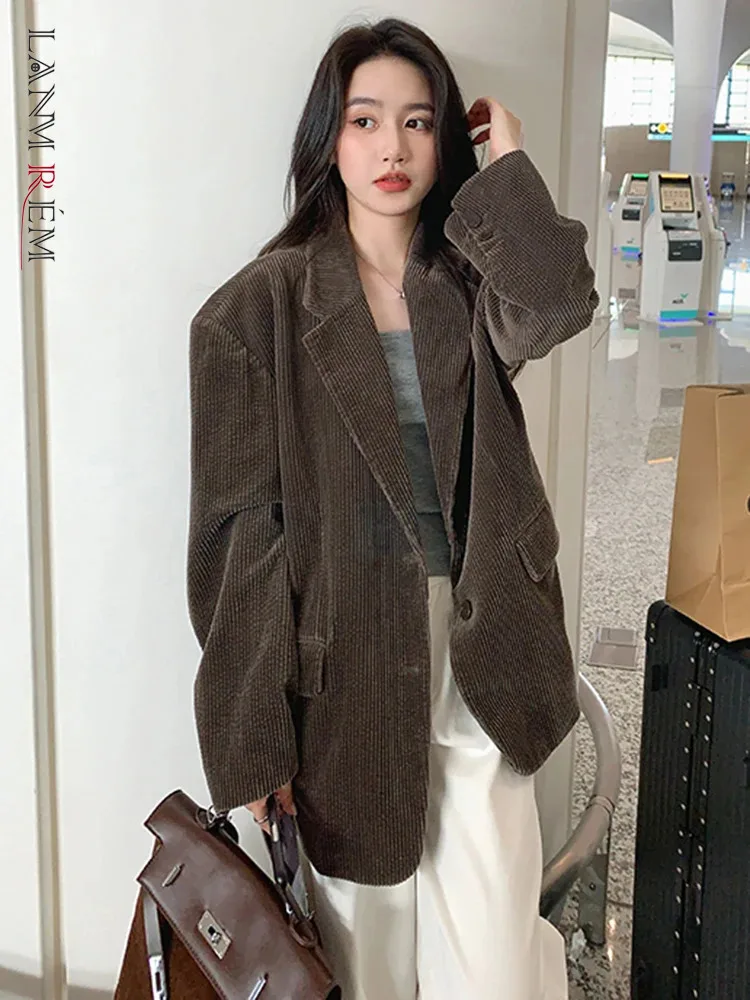 LANMREM винтажный вельветовый женский пиджак с зубчатым воротником однобортное