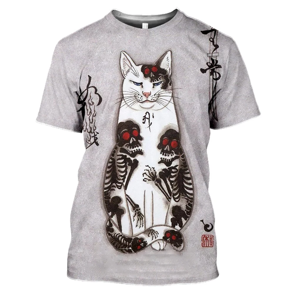 

Summer Graphic Samurai Cat Print T Shirt for Men Japanese Tattoo T-shirts Funny Tee Tops Casual Loose Oversized Male Clothing