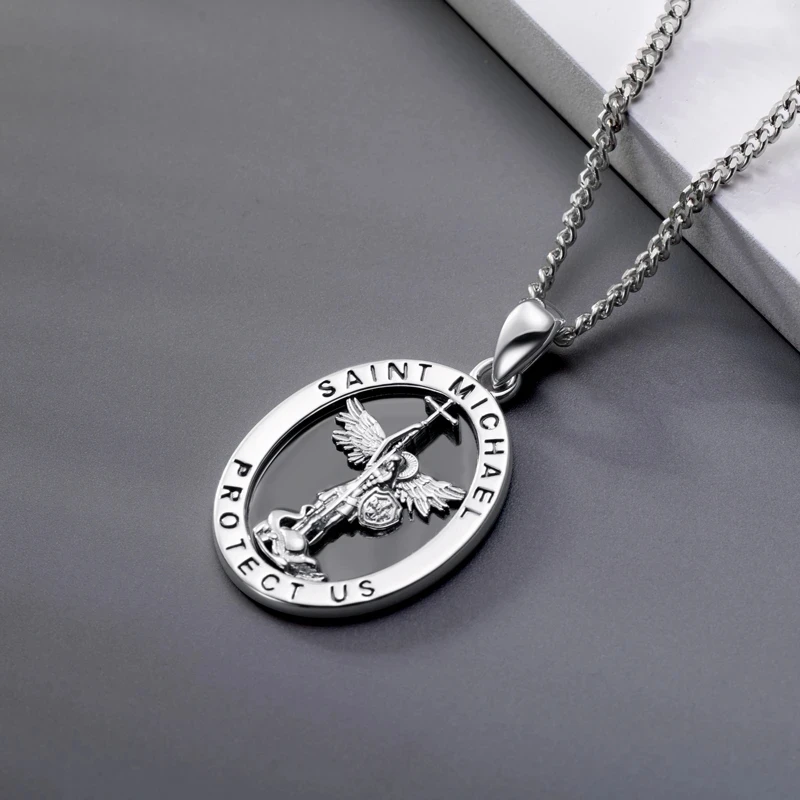

925 Silver Vintage Angel Oval Michael Geometric Pendant Necklace for Gothic Knight Archangel Jewelry Accessories Gift Men Women