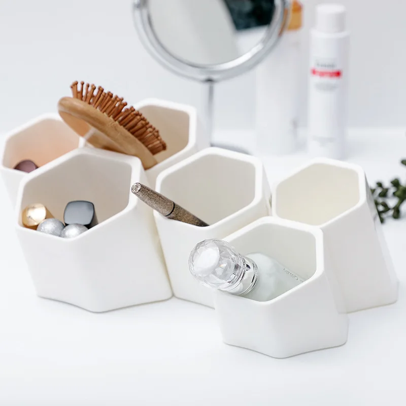 

Korean simple multifunctional hexagonal stationery storage box wall mounted shelf student desktop plastic creative pen holder