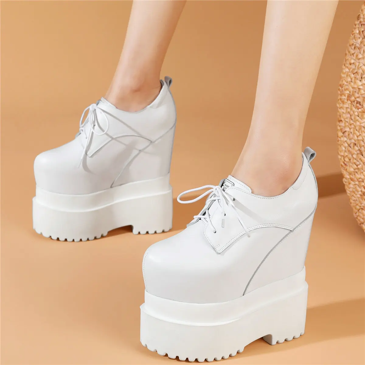 Fashion Sneakers Women Lace Up Genuine Leather Super High Heels Ankle Boots Female Round Toe Chunky Platform Pumps Casual Shoes