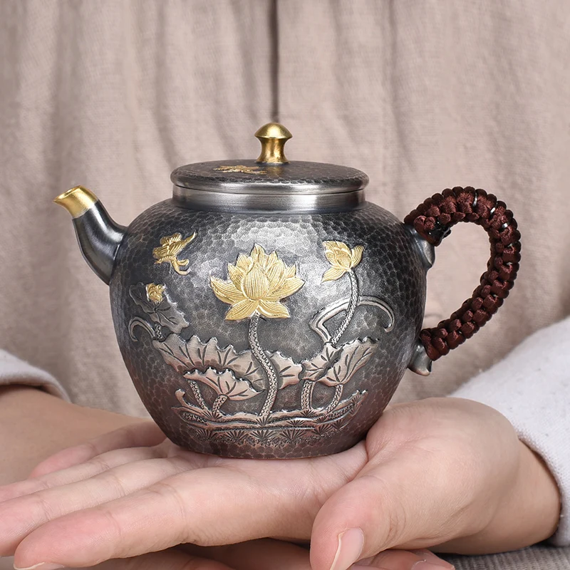 

Relief Gilt Lotus Teapot Silver Pot Tea Set Household Kungfu Tea Ceremony Silver Teapot 999 Sterling Silver Flower Tea Kettle
