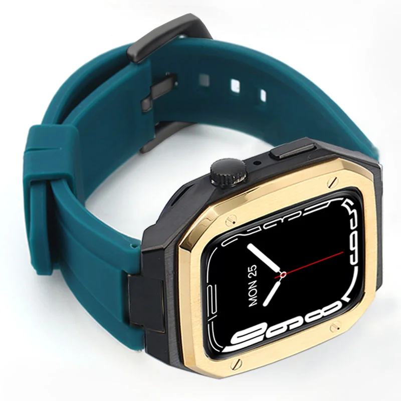 Stainless Steel Case for Apple Watch 7 45mm 44mm Fluororubber Strap Luxury Diamond Bezel for IWatch 6 5 4 SE Modification Kit