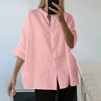 women casual 34 sleeve button up cotton blends shirt spring autumn vintage solid color o neck white pink black blouse blusas