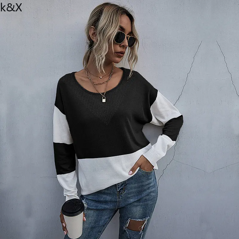 

2022 Autumn Korean Style Knitting Pullover Women's Sweater New Knitted Jumper Top for Girl Color Matching Teen Y2k Knitwear Thin