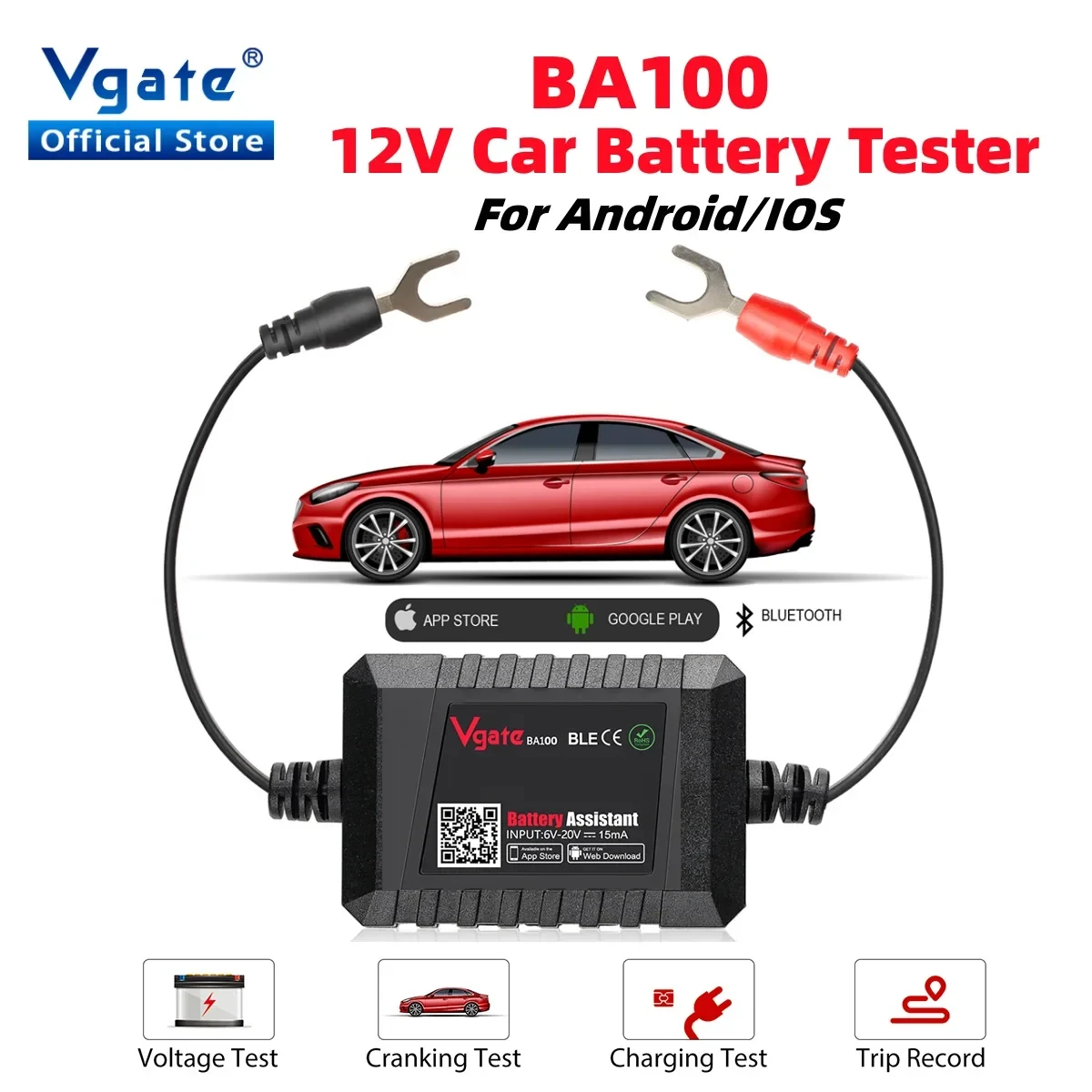 

Тестер автомобильного аккумулятора Vgate BA100, 12 В, Bluetooth 4,0