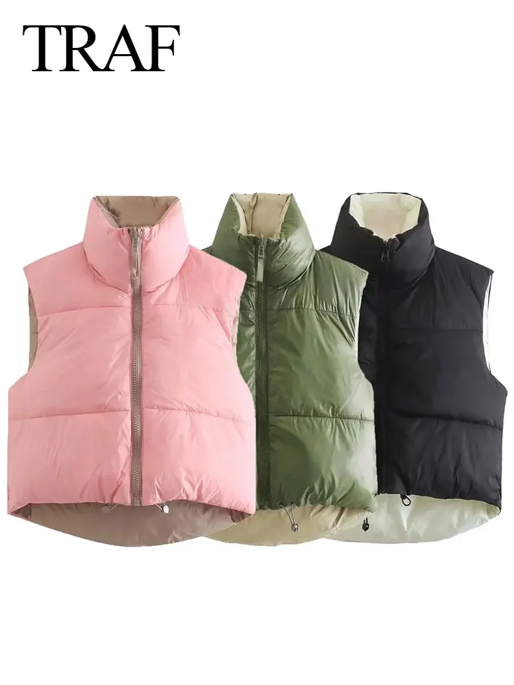 

TRAF Fashion Womens Reversible Quilted Cotton Vest Coat Solid Color Vintage Zipper Slim Waistcoat Female Casual Streetwear