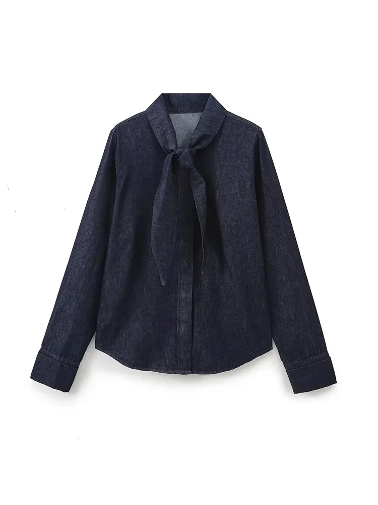 [HAIBE] 2024 однотонный костюм для девочек украшенный бантом джинсовая рубашка блузка