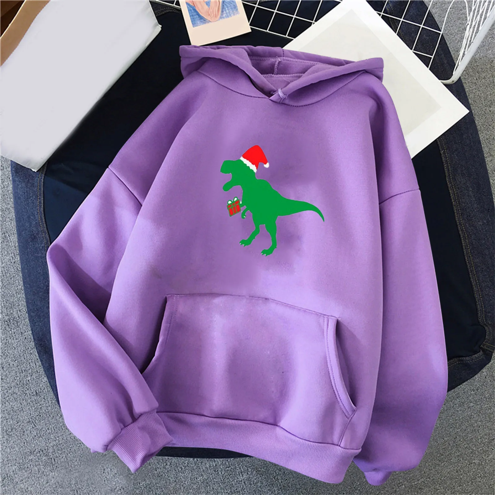 

Women Autumn And Winter Casual Solid Color Christmas Dinosaur Pattern Pocket Hoodie Sweater Hoodie Dress