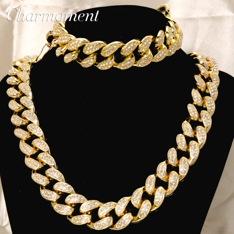 

CHARMOMENT Cuban Chain Man Bling Dubai Jewelry Sets Iced Out Women Men's Necklace Chain Rhinestone Paved Chain Jewelry