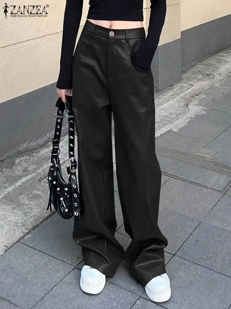 

Женские черные длинные брюки ZANZEA из искусственной кожи с высокой талией, классические кожаные брюки, Осень-зима 2023, однотонные повседневные свободные брюки
