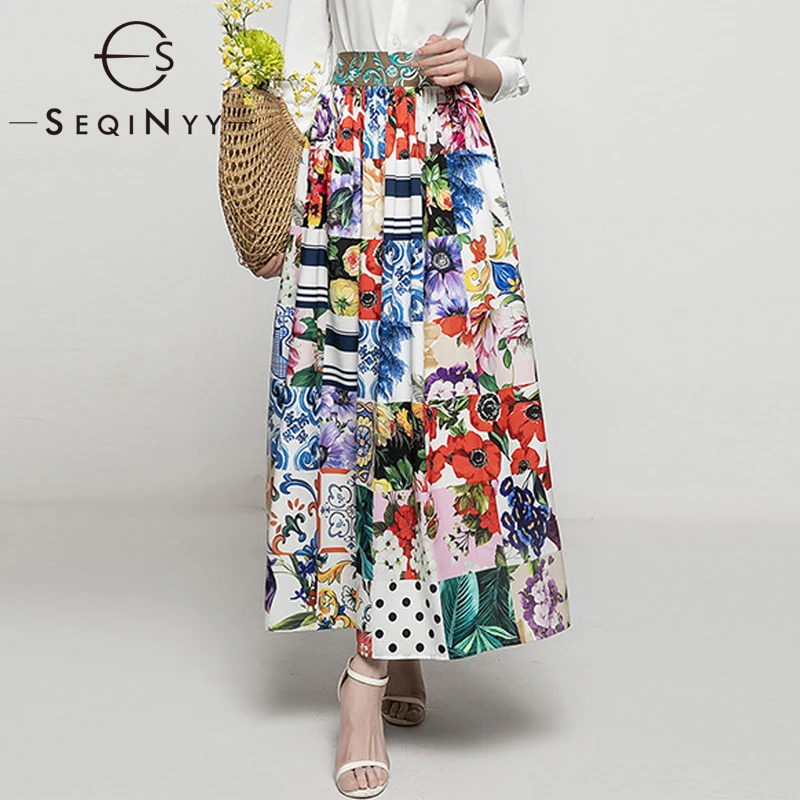 

SEQINYY Sicily Long Skirt Summer Spring New Fashion Design Women Runway High Street Vintage Flowers Print Bohemian Holiday