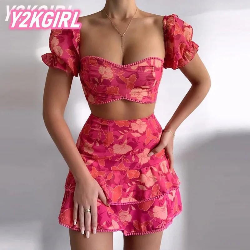 

Y2KGIRL Floral Printed Rose Red Dress 2 Picec Set Zipper Square Neck Crop Tops+Slim A-Line Elegant Skirt Summer Sweet Streetwear