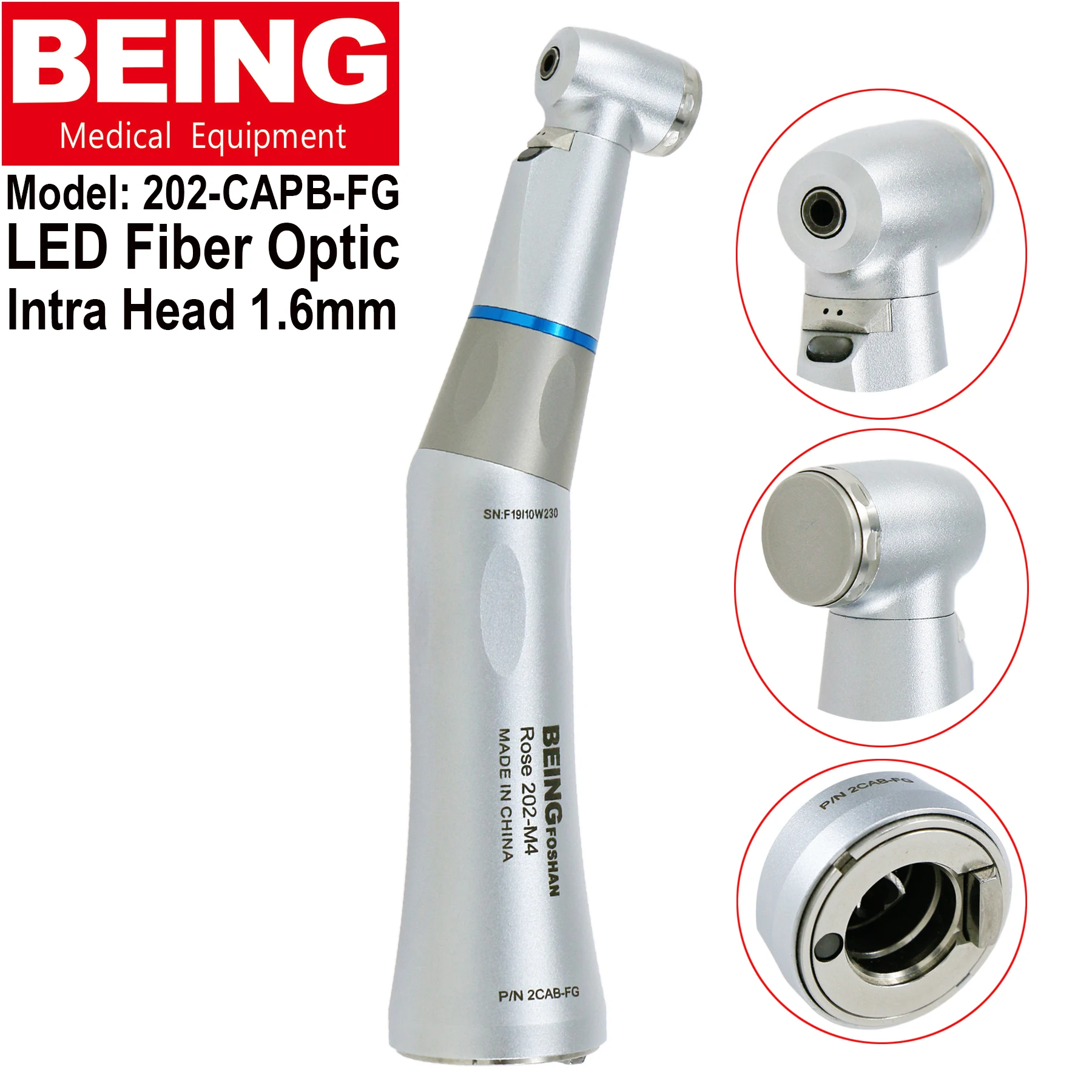 BEING Dental 1:1 LED Fiber Optic Low Speed Inner Water Push Button Contra Angle Handpiece Rose 202CAPB-FG FG Bur1.6mm NSK KAVO