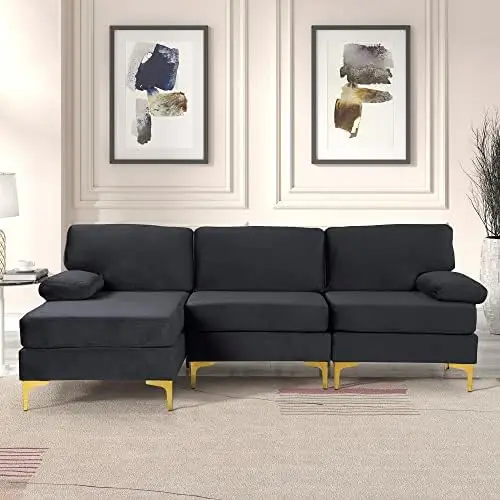 

Large Velvet Fabric Sectional Sofa Couch with Extra Wide Chaise Lounge with Golden Legs, L Shaped, Black