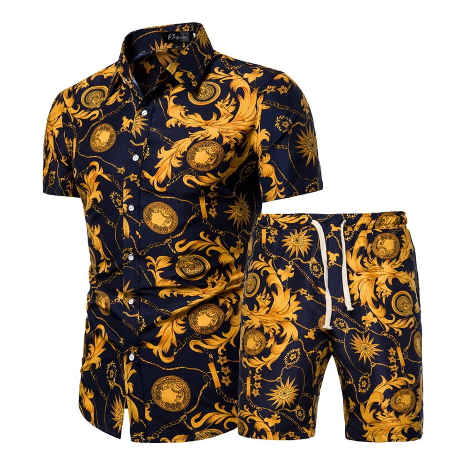 

Новинка 2021, летняя новая мужская одежда, рубашка с коротким рукавом и принтом, шорты, модная мужская Повседневная пляжная одежда из 2 предмет...
