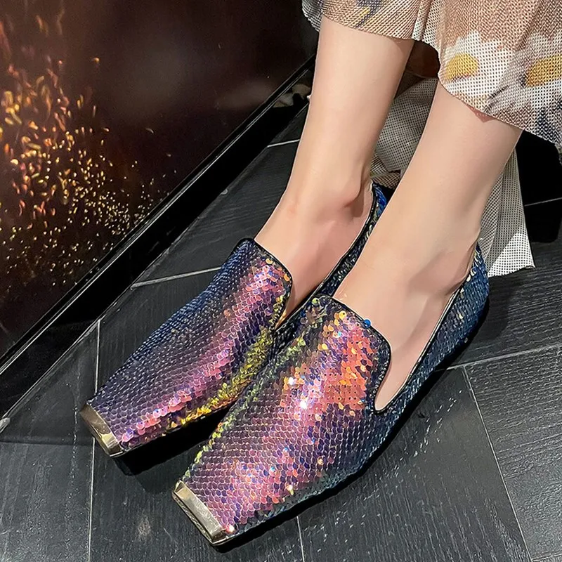 

Large size-43 fashion thick heel spring and autumn women's single shoes sequin metal square toe flat deep mouth women's shoes