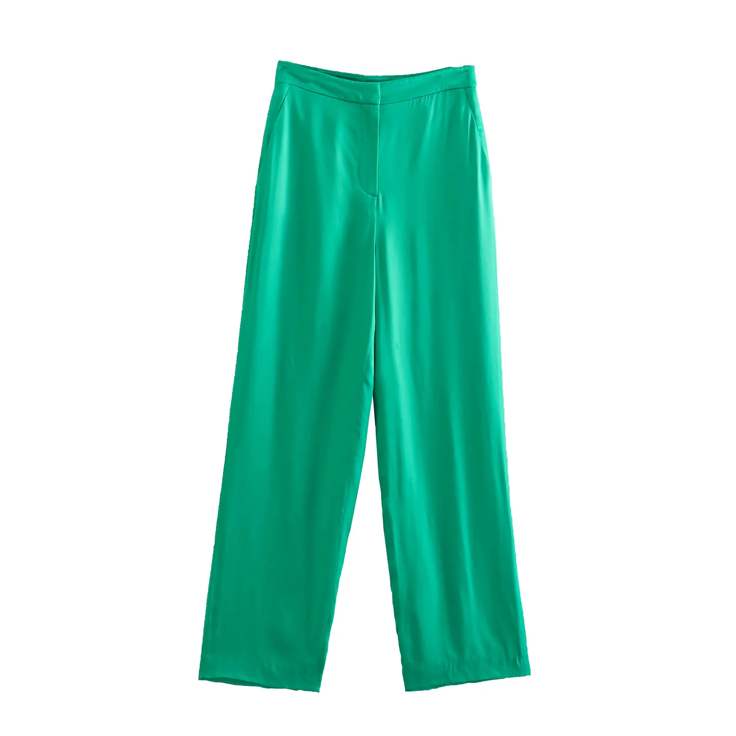 

2022 Women Fashion Side Pockets Satin Wide Leg Pants Vintage High Waist Zipper Fly Female Trousers Mujer