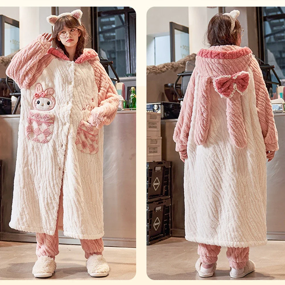 

Sanrio Kawaii My Melody Cinnamoroll женский зимний набор детской одежды, милый мультяшный утепленный Халат с капюшоном, женская теплая домашняя одежда