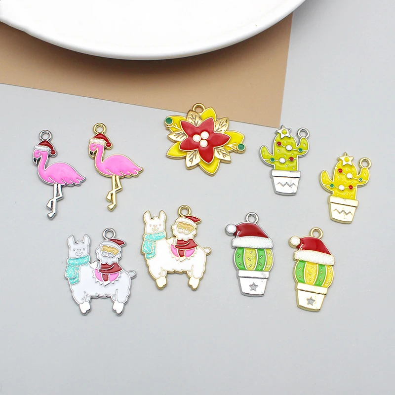 

10Pcs Christmas Cactus Alloy Drip Oil Christmas Hat Flamingo Alpaca Old Man Holiday Earrings Ornaments Accessories Materials