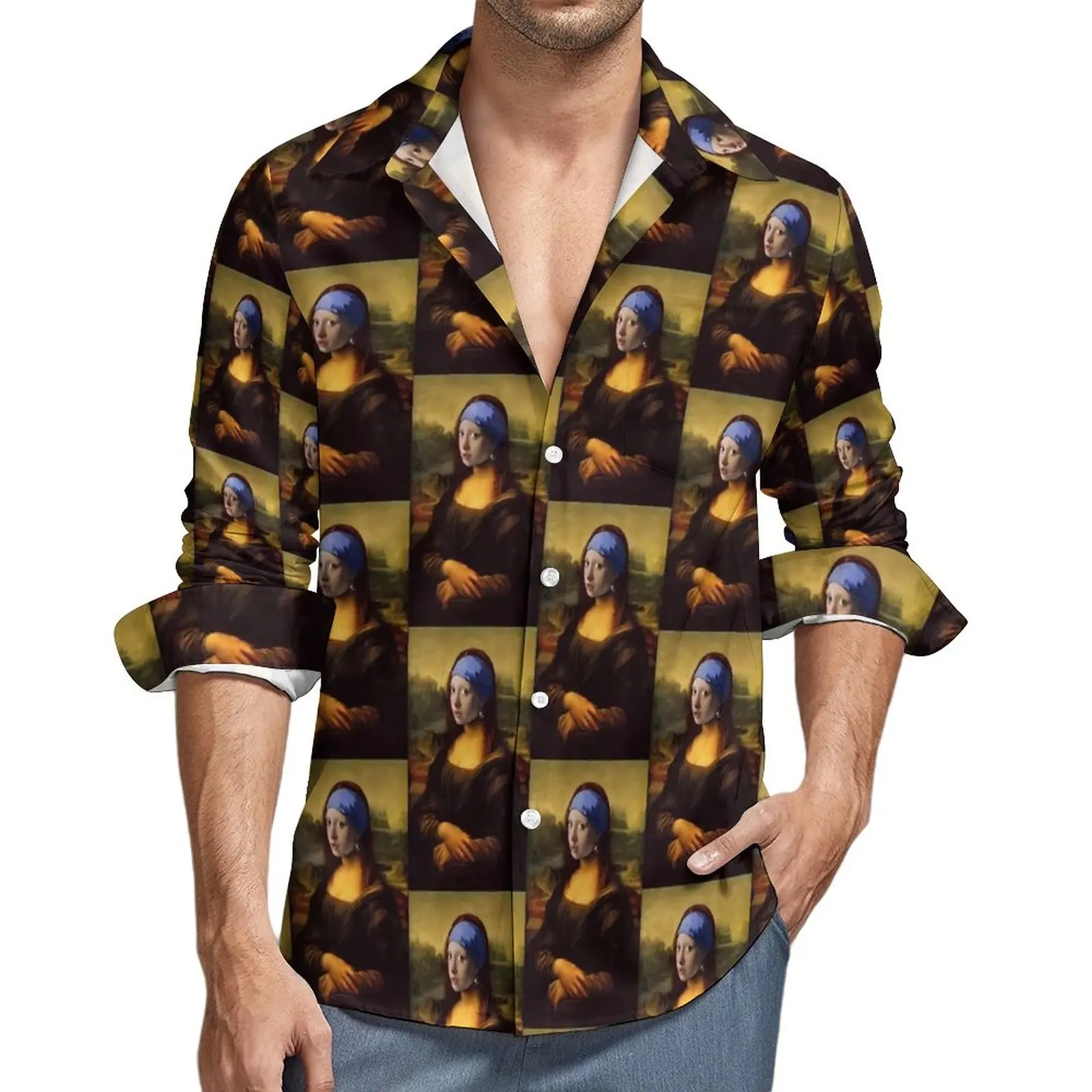 

Mona Lisa with A Pearl Earring Shirt Autumn Funny Casual Shirts Men Vintage Blouses Long Sleeve Custom Harajuku Tops 3XL 4XL