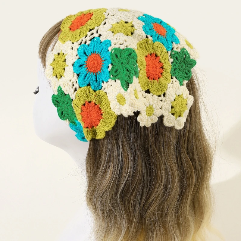 

Women Colorful Crochet Bandana Knit for Head Kerchief Sunproof Turban Tie Back for Triangle for Head Wrap Lovely Hair Ke