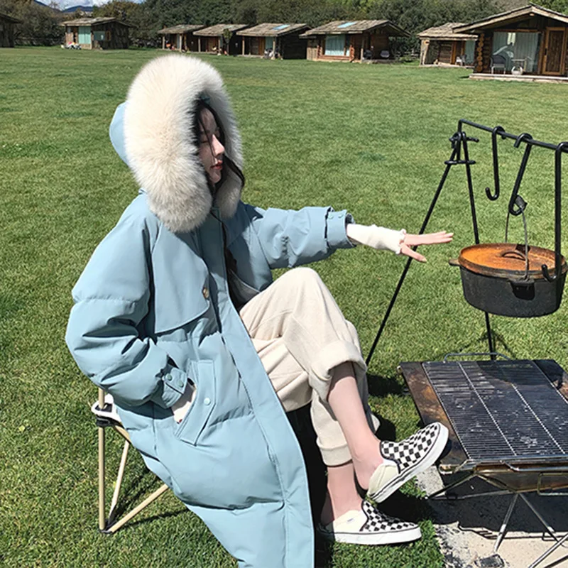 New Hooded Down Jacket White Duck Down Fox Fur Collar Warm Cotton Jacket Women In The Long Section Design Sense Sweet Jacket