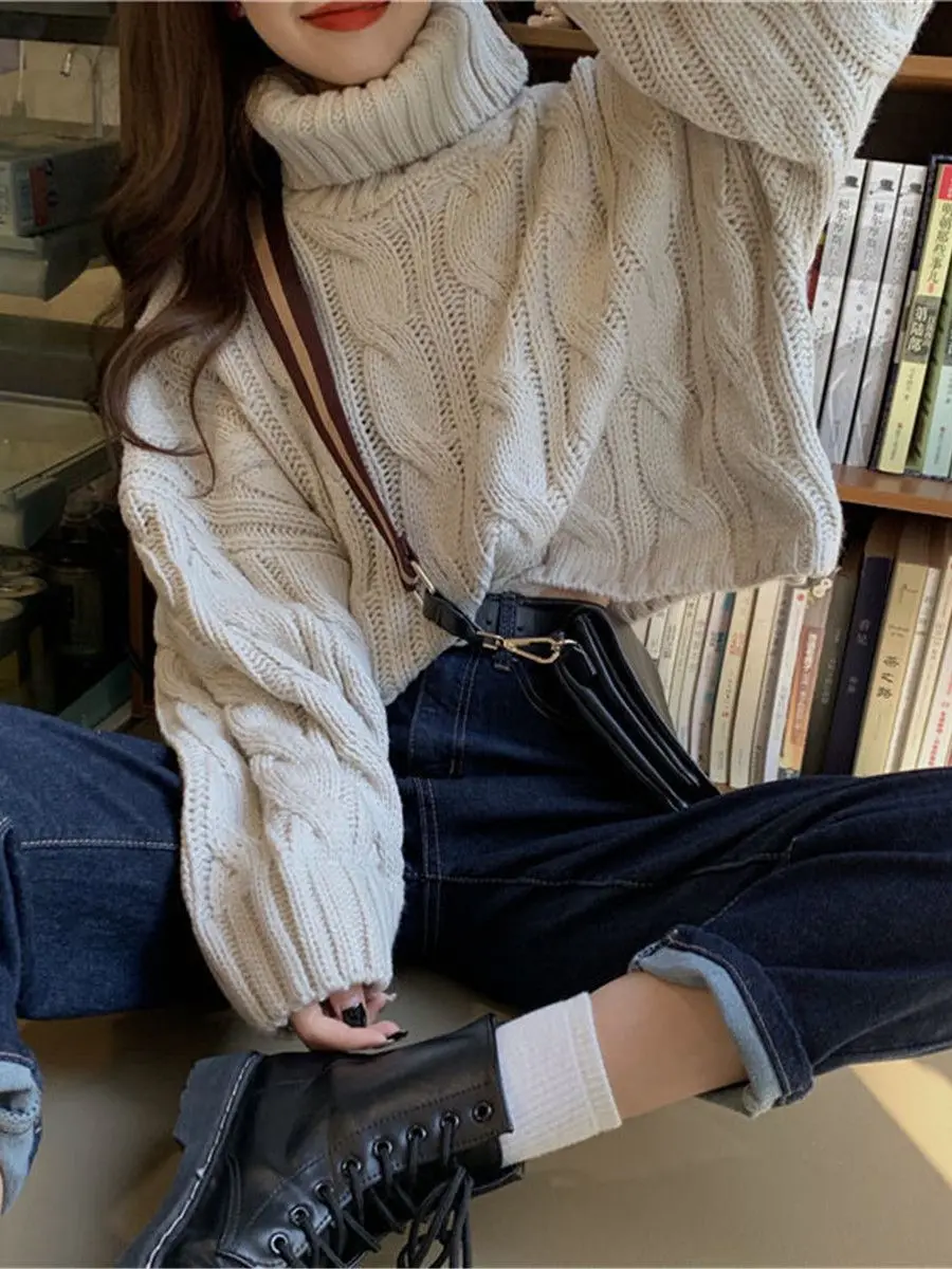 Кроп-Топ женский в стиле оверсайз пикантный вязаный свитер свободная водолазка