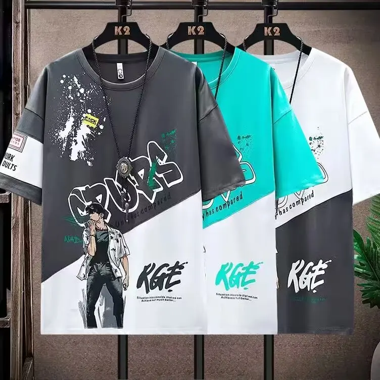 Cartoon Short sleeve T-shirt Men's Summer Korean Sle Trendy Patchwork Half Sleeve Top Hong Kong Loose Casual Fashion ...