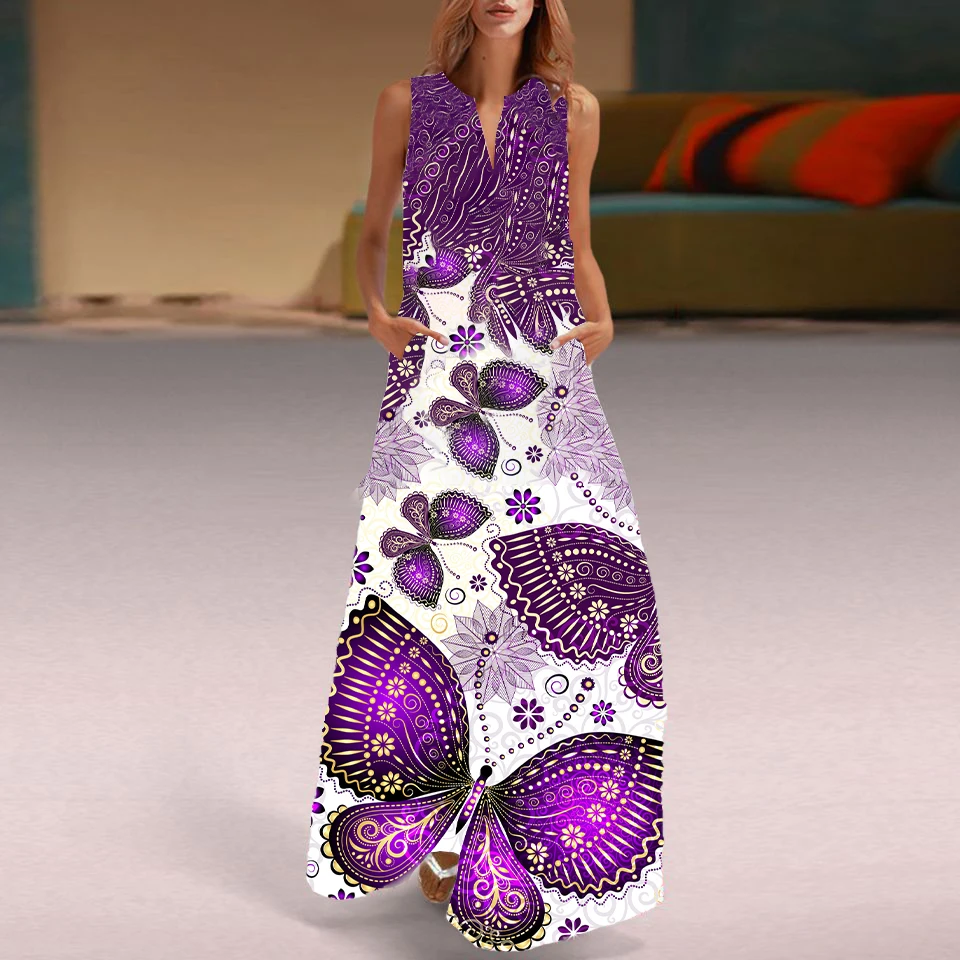 

V Neck Long Dress Women Casual V Neck Sleeveless Plus Size Dress Loose Floral Butterfly Print Dress High Quality Party Dress