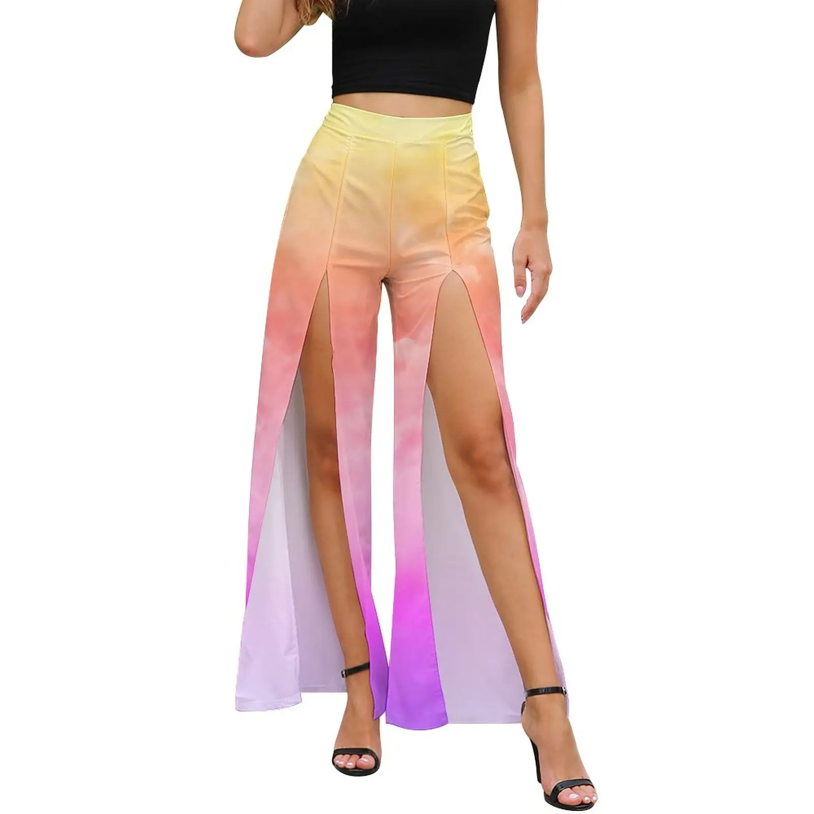 

Sunset Cloud Pants Spring Bright Tie Dye Classic Wide Leg Pants Ladies Front Slit Streetwear Printed Trousers