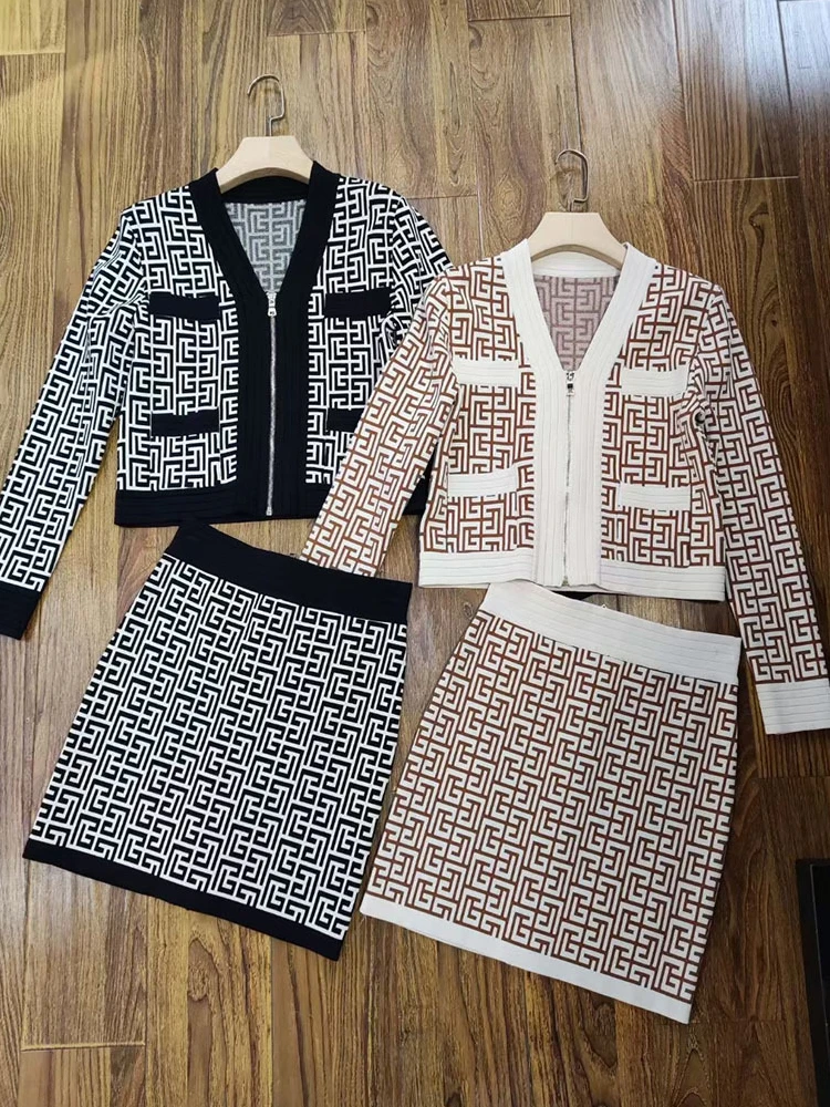 

Женский трикотажный Костюм-двойка, дизайнерский подиумный жаккардовый костюм с геометрической монограммой и юбкой, 2022
