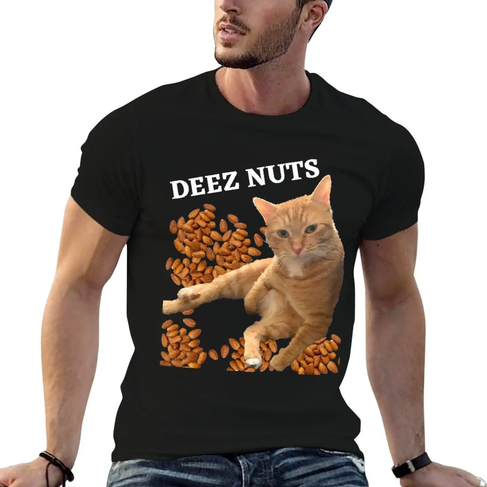 Фото Забавная футболка с надписью «Cat Deez Nuts Joke», мужские футболки высокого качества, роскошные брендовые футболки, мужские футболки из 100% хлопка, роскошные брендовые футболки №1