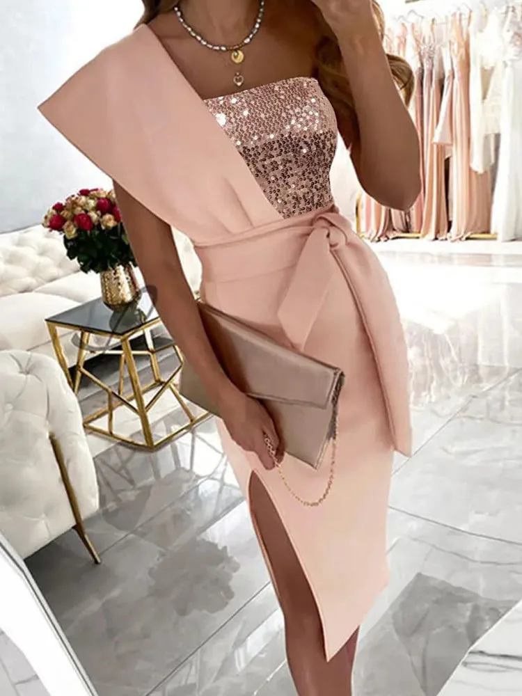 

Elegant Off Shoulder Sequin Patchwork Midi Dress Summer Fashion Belt Lace-up Solid Party Dress Women Sexy Split Bodycon Dresses