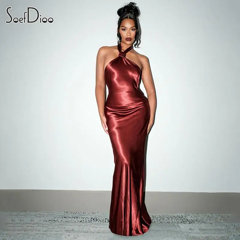 

Soefdioo Sexy Halter Lace Up Backless Body-Shaping Maxi Dress Women 2024 Spring Elegant Club Party Evening Dresses Vestidos