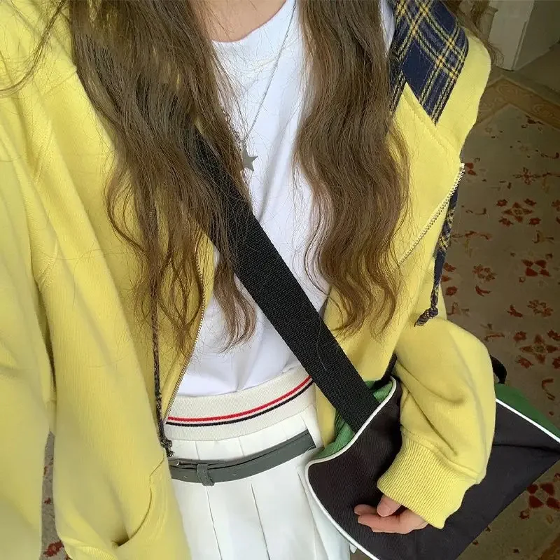 

Yellow Hooded Sweatshirt Autumn And Winter Plaid Lined Long Sleeve Zip Up Hoodie Oversized Navy Blue Coat Y2k Clothes For Women